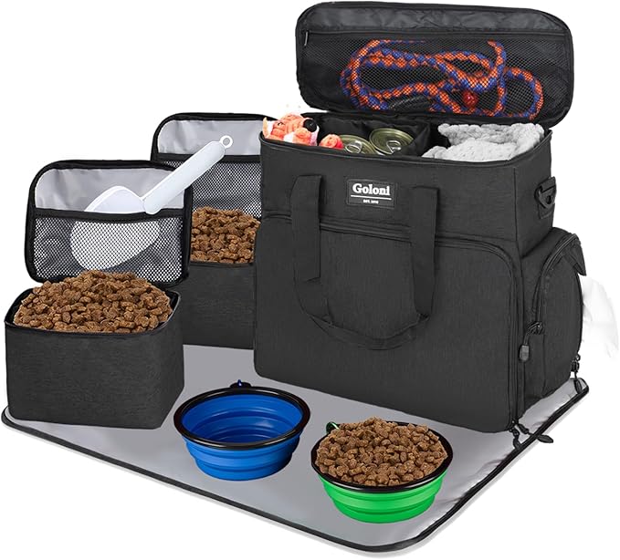 Dog Travel Bag Airline Approved–Pet Travel Tote with Collapsible Bowls,Food Containers & Feeding Mat–Multi-Pocket Organizer for Dogs & Cats, Durable & Water-Resistant for Hiking,Trips,Outdoors-PurrikoPets