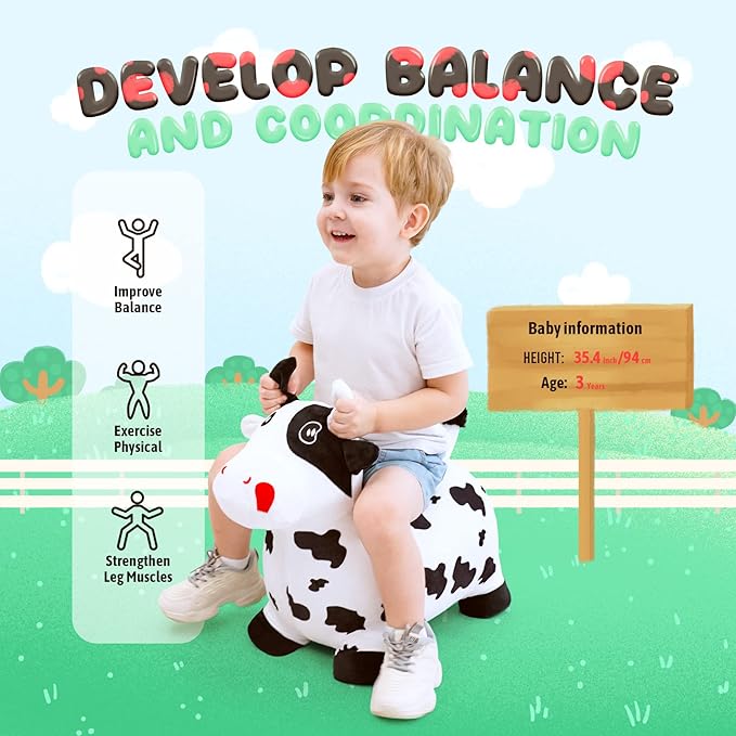 EVERICH TOY Bouncy Horse Cow Toys, Inflatable Bouncing Animal Hopping Toys, Outdoor Indoor Ride on Bouncer, Boys Girls Birthday Gift for 18 Month 2 3 4 5 6 Year Old Kid- Plush Cow Toy-PurrikoPets
