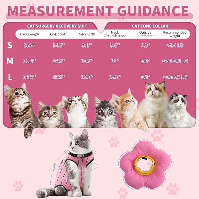 EMUST 2PCS Cat Recovery Suit and Cone Collar - Female, Breathable Cotton, Adjustable Soft E Collar Alternative for Cats 8-16lb (Pink, L)-PurrikoPets