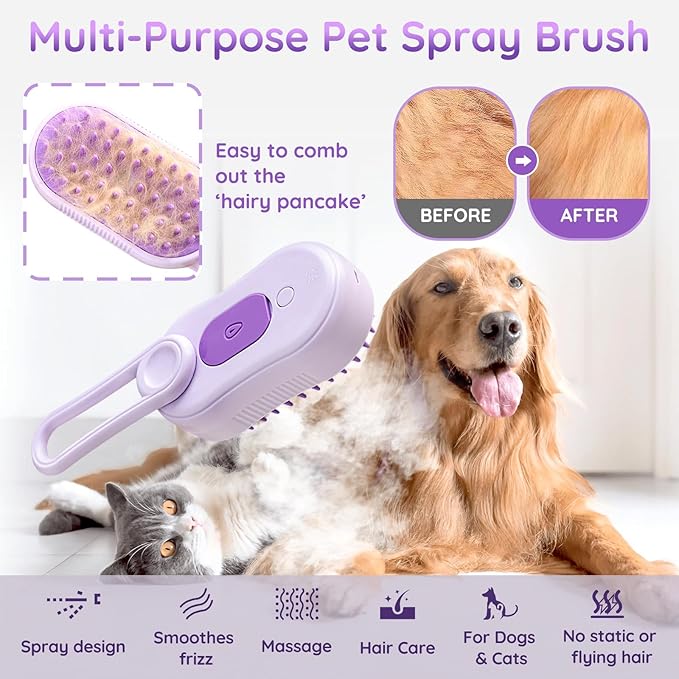 GKZ Cat Steam Brush, 3 in 1 Pet Comb for Massage, Cleaning, Shedding and Combing, Electric Mist to Prevent Flyaways for Home, Dogs and Cat Lovers - Purple-PurrikoPets