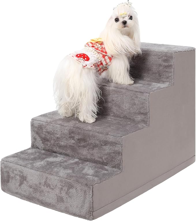 Dog Stairs for Small Dogs,17.5" 4-Step Pet Stairs for High Beds and Couches，Dog Steps with Non-Slip Bottom and High-Density Foam Indoor Outdoor,Grey-PurrikoPets