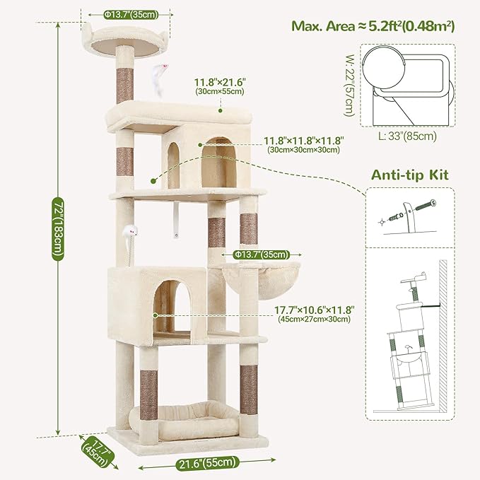 Globlazer Heavy Duty Cat Trees for Large Cats, Sturdy 72in Maine Coon Cat Tree for Large Cat 20 lbs+ Heavy Duty Cat Tower for Adult Biggest Cats with 6 Scratching Posts, Hammock, S72, Beige-PurrikoPets