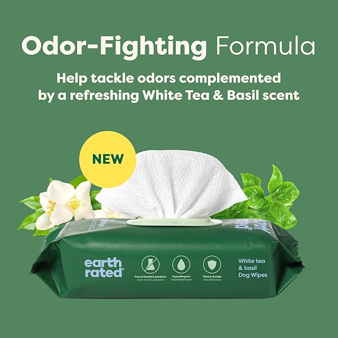 Earth Rated Pet Wipes for Dogs and Cats, Hypoallergenic, 3-in-1 Cleaning, Deodorizing and Hydrating, for Grooming Paws, Body and Butt, New White Tea and Basil Scent, 400 Count-PurrikoPets