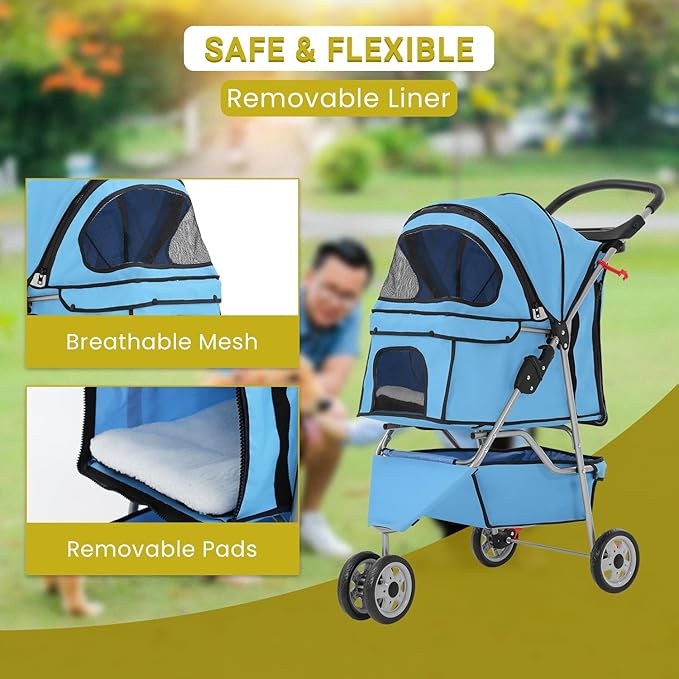 Foldable Pet Stroller for Cats and Dogs 3 Wheels Carrier Strolling Cart with Weather Cover, Mesh Panels，Storage Basket Cup Holder，Blue-PurrikoPets