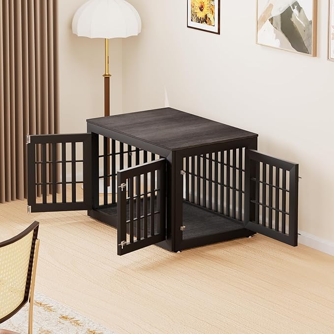 42" Heavy Duty Dog Crate Furniture for Small,Medium and Large Dogs,Rustic Wooden Dog Cage Kennel Indoor Furniture with Waterproof Top,Decorative Pet House Side End Table (Black & Grey)-PurrikoPets