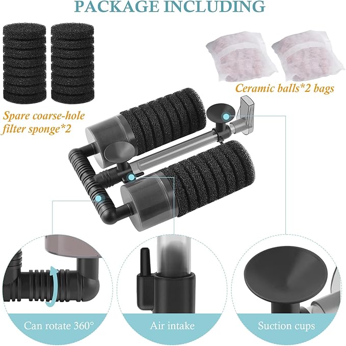 Air Powered Aquarium Sponge Filter with Biochemical Sponge and Ceramic Balls, Quiet Submersible Fish Tank Filter for 15-40Gallon （L-8.7in）-PurrikoPets