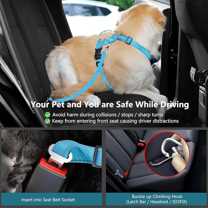 Dog Seat Belt Harness for Car, Dog Car Harness Adjustable Mesh Breathable & Dogs Seatbelt Safety Tether with Elastic Bungee for Small Medium Large Pets(Blue, S)-PurrikoPets