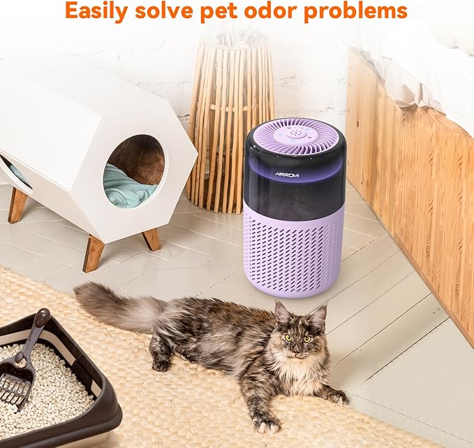AIRROMI Air Purifier for Bedroom Home,HEPA Filter,Covers Upto 549 Ft²,Quiet 360°intake Air Cleaner with Fragrance ponge for Better Sleep,Night Light,Filters Smoke,Pet Dander,Allergies,Dust,A2005Purple-PurrikoPets