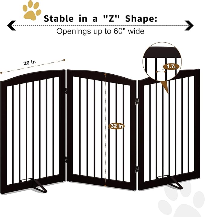 Freestanding Pet Gate for Dogs, Foldable Wooden Dog Gate for House Indoor, Tall Pet Fence for Stair, Doorway,Hall, Support Feet Included, 3 Panels 32",Brown-PurrikoPets