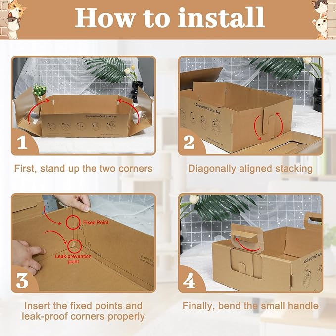 3-Pack Disposable Litter Boxes for Cats,Disposable 100% Renewable Cardboard Foldable Litter Boxes,Large-Capacity Portable Cardboard Cat Litter Box,Waterproof Travel Litter Box,17.2'' x 12.2'' x 5.3''-PurrikoPets