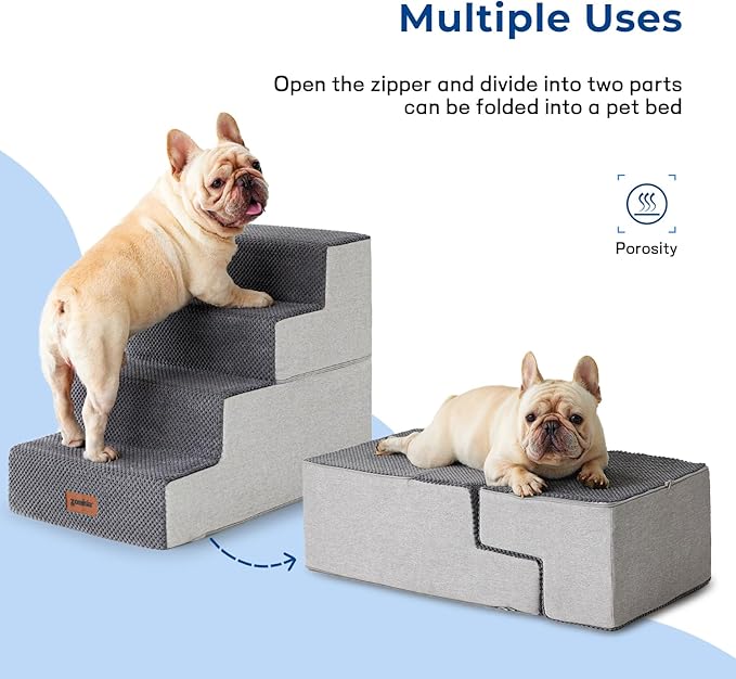 Dog Stairs for Large Dogs - Extra Wide Pet Stairs 2 in 1 with Zippers Suitable for Couch and Bed, Foam Dog Steps with Non Slip Bottom Grey 4 Steps, Grey-PurrikoPets