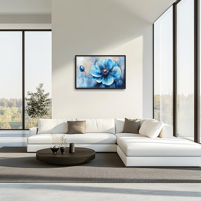 Extra Large Abstract Blue Flower Framed Wall Art for Living Room,Oversized Elegant Floral Pictures Wall Decor,Canvas Print Painting Modern Artwork Bedroom Office Bathroom 36L" x 24W"-PurrikoPets