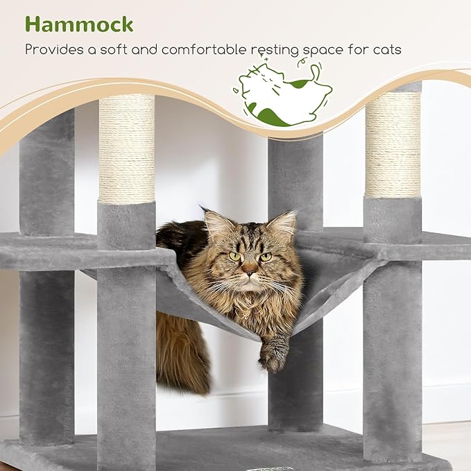 Globlazer Cat Tree Tower, 76-Inch Extra Tall Multi-Level Cat Furniture with Cozy Condos, Hammock and Perches for Adult Cats, Perfect for Climbing, Scratching, and Play, F76, Light Grey-PurrikoPets