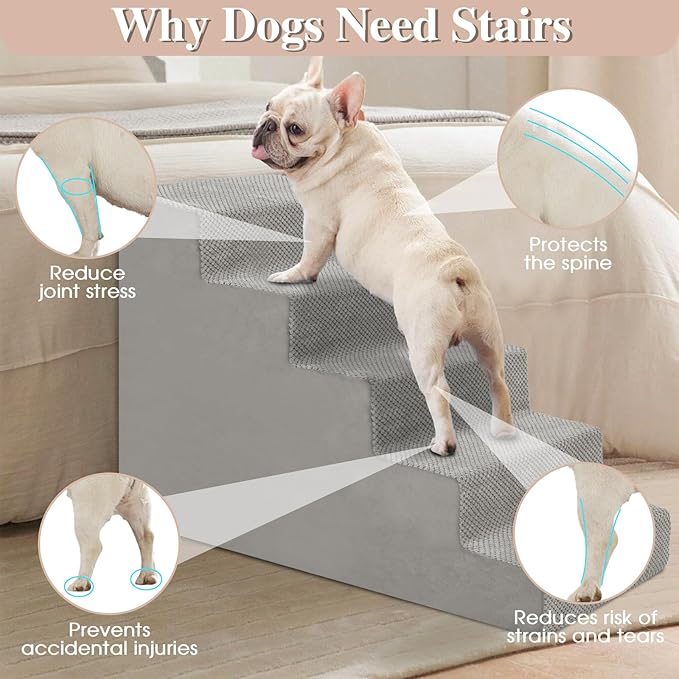 GGIB Dog Stairs for Small Dogs Cats Non-Slip Dog Steps for High Bed Pet Stairs for Sofa Couch Pet Ramp Pet Steps with Removable Washable Cover, Light Grey, 22" H, 5-Step-PurrikoPets