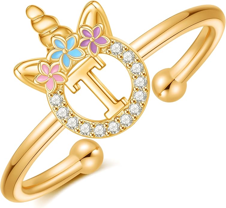 Unicorn Rings Gifts for Girls - Adjustable Initial Ring Dainty Cute Unicorn Rings for Girl Teens Little Girls Jewelry Birthday Gift