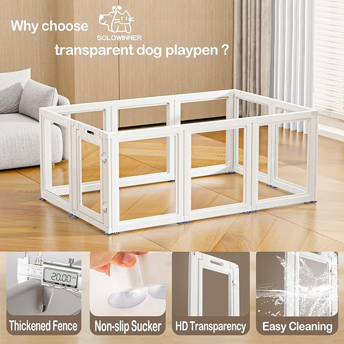 Dog Playpen Transparent Puppy Playpen Indoor, Easy Assemble & Disassemble Clear Pet Playpen, Sturdy & Easy Cleaning Plastic Dog Fence with Suction Cup (23.6"" H, 10PCS), White-PurrikoPets