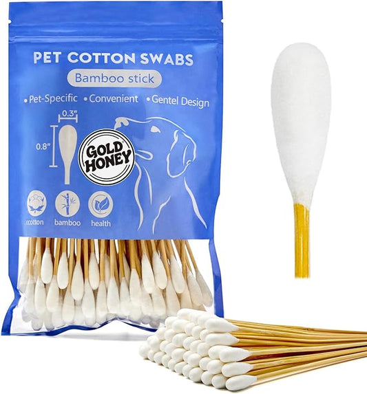 GOLD HONEY 6 Inch Large Cotton Swabs, 100PCS Dog Ear Swabs with Bamboo Handle for Dogs, Pet-Specific, Gentle Design, Lint-Free, Canine Cotton Stick Ear Cleaning-PurrikoPets