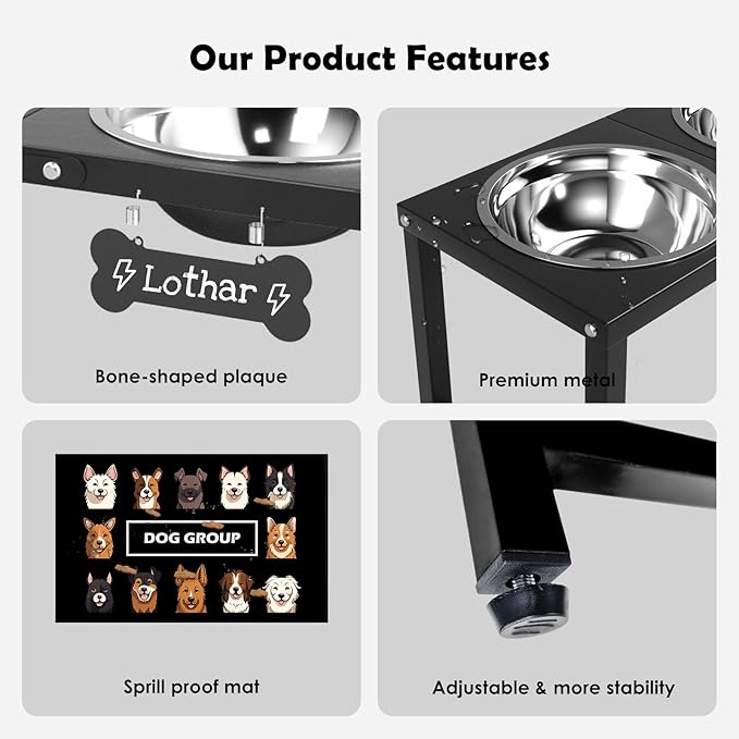 Elevated Dog Bowls,16inch Tall Pet Bowl Holder, Raised Bowl Stand with 2 Stainless Steel Bowls (68oz) and Spill-Proof Mat, Dog Feeder for Large Extra Large Breeds-PurrikoPets