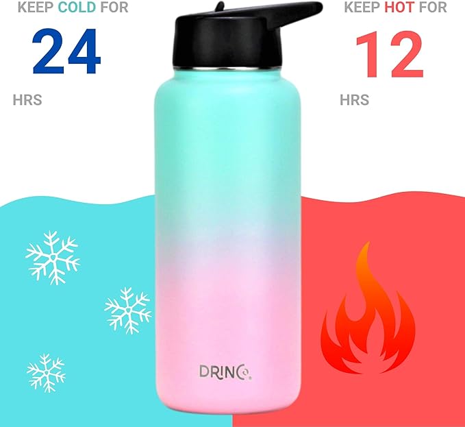 DRINCO Stainless Steel Water Bottle Spout Lid Vacuum Insulated Double Wall Water Bottle Wide Mouth (40oz 32oz 22oz 18oz 14oz) Leak Proof Keeps Cold or Hot (32 oz, 32oz Macaron)-PurrikoPets