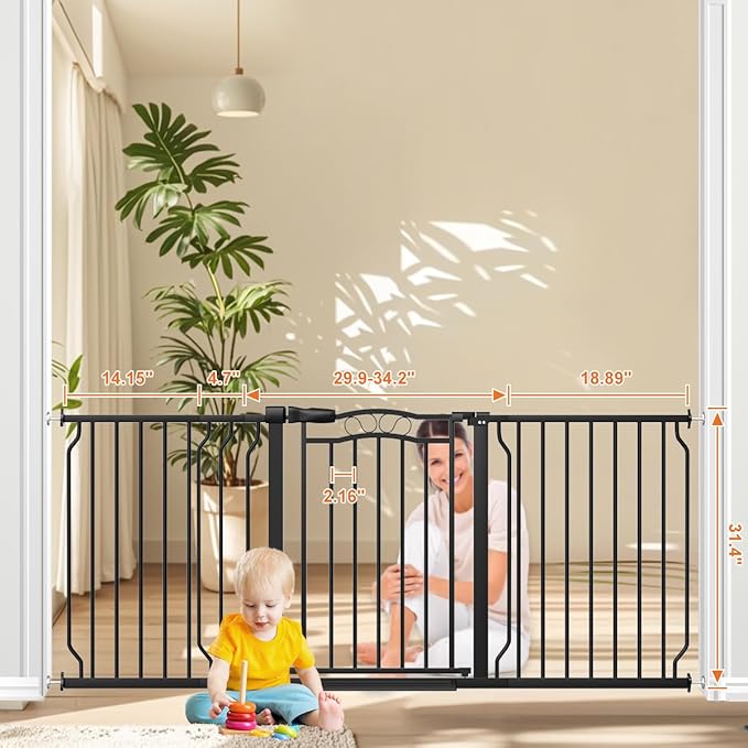 62.2-71.6" Extra Wide Baby Gate for Stairs No Drilling, 30" Tall Auto Close Press Mounted Baby Gate for Doorways, Adjustable Width Walk Through Long Gates for Kids or Pets, Black-PurrikoPets