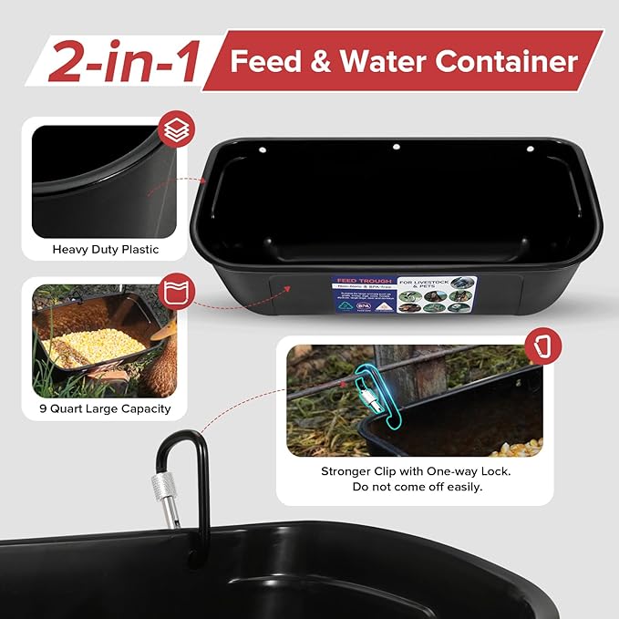 Goovilla Large Feed Trough, Hanging or Screw-in Fence Feeder with Clips, 2 Pack 9 Quart Goat Feeder Supplies, Dog Horse Hog Pig Livestock Poultry Plastic Feeder Trough Bucket for Large Animal, Black-PurrikoPets