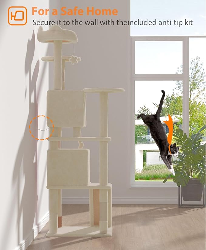 77'' Cat Tree Tower for Indoor Cats Large Adult, Cute/Tall Modern Cat Tree for Big Cats 20 lbs, Plush Multi-Level Cat Condo with Scratching Posts, Dangling Ball for Fun Play (Beige, 77 inch)-PurrikoPets