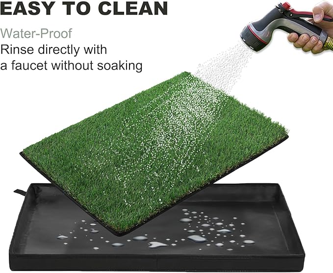 Dog Grass Pad with Foldable Dog Litter Box, Large Liner Base (33”×23”) for Balcony, 2 Artficial Grass Pee Pads for Dogs, Pee Pad Holder, Potty Training-PurrikoPets