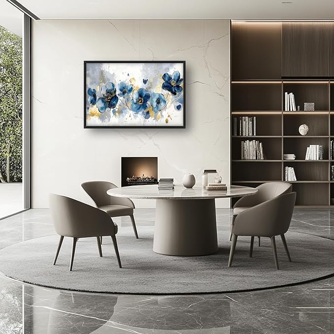 Extra Large Framed Abstract Blue Flower Wall Art,Oversized Golden Grey Floral Wall Decor Pictures for Living Room,Canvas Print Painting Modern Artwork Bedroom Office Bathroom Home Decor 36L" x 24W"-PurrikoPets