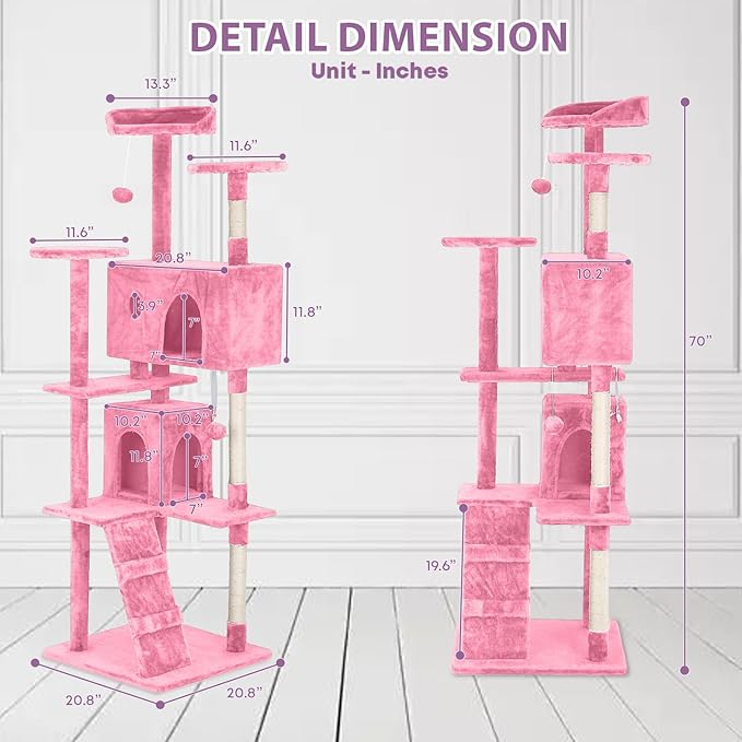 70 inches Cat Tower for Indoor Cats Multi-Level Cat Condos for XL Cat Tree Cat Climbing Tower with Scratching Posts, Hanging Toys,Pink-PurrikoPets