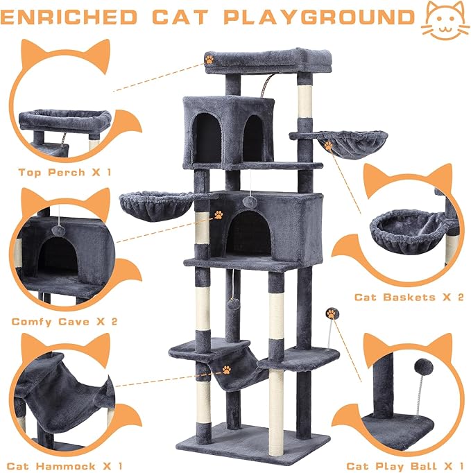 70-Inch Cat Tree,Large Cat Tree Tower with Hammock, Scratching Post, Condo and Multi-Level Cat Tower for Large Cats, Cat Activity Center Playhouse, Dark Gray LCT016-PurrikoPets
