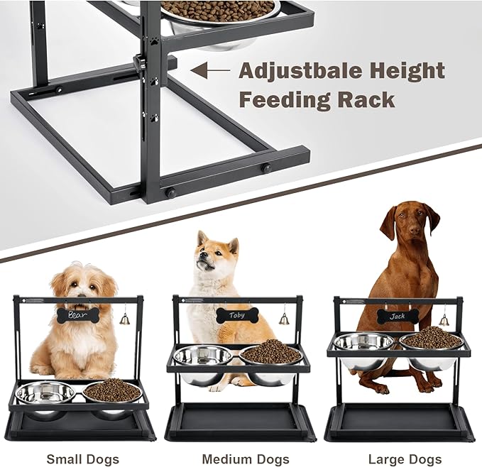 Elevated Slow Feeder Dog Bowls - Raised for Large Dogs, Adjustable Height, 2 Stainless Steel Bowls, Spill Proof Mat, Grey-PurrikoPets