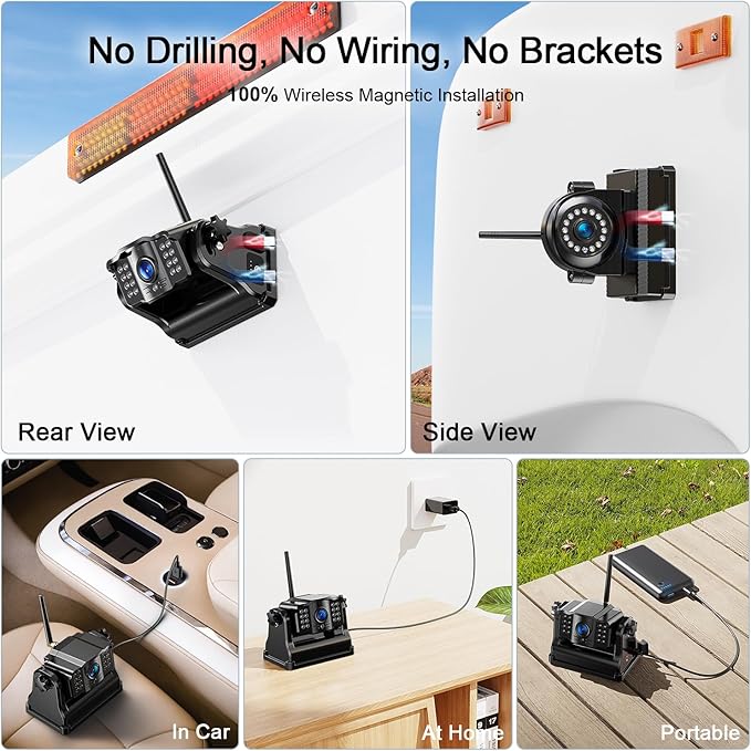 Fookoo 1080P 9" Magnetic Wireless Backup Camera, HD 9" IPS Monitor, Rechargeable 2 Side View 1 Rear View Cameras,1 Min Easy Install, Long Battery Life No Drilling IR Light for Trailer RV Truck DCX903-PurrikoPets