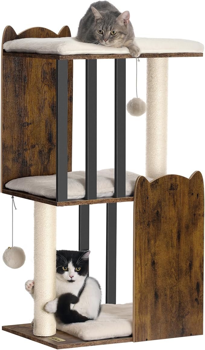 FourFurPets 35.4in 3-Tier Modern Cat Tree Tower Condo, Cat Scratch Posts for Indoor Cats, Big Plate, Two Full Sisal Scratching Posts, Rustic Brown-PurrikoPets