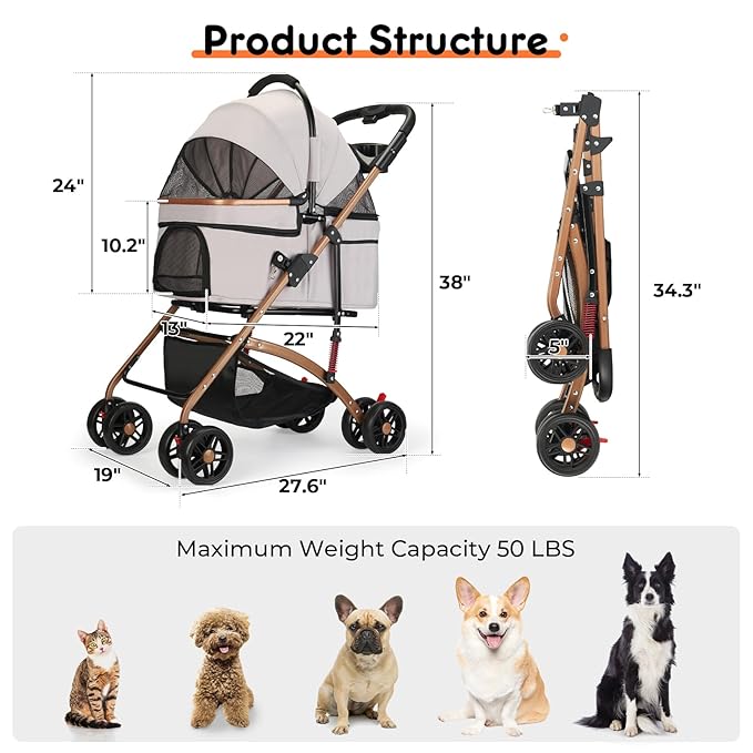 3-in-1 Foldable Pet Stroller for Medium Dogs & Cats (50lbs) - Detachable Carrier, Car Seat, Storage Basket, 5" Lockable Wheels-PurrikoPets