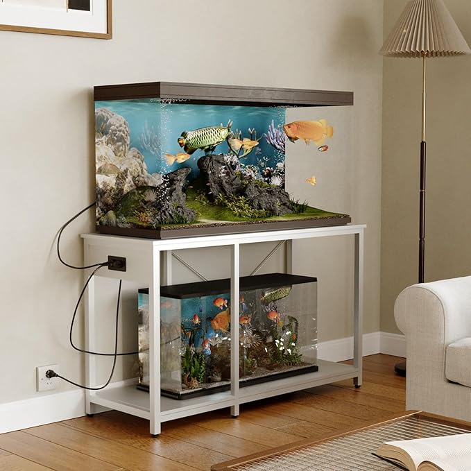50-75 Gallon Fish Tank Stand with Power Outlet & LED Light, Metal Aquarium Stand with 3 Tier Adjustable Storage Shelves, Tank Stand for Reptile Tank, Turtle Tank, 52" L*19.5" W, White-PurrikoPets