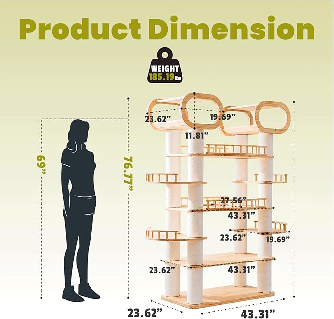 76.8'' Modern Cat Tree, Tall Cat Tower for Indoor Cats, Pine Wood Climb Tower with 2 Removable Mats, Heavy Duty Cat Furniture with Fully Wrapped Scratching Post, Huge Cat Condo for Multi-Cat Families-PurrikoPets