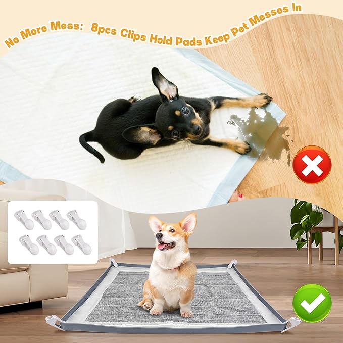 Dog Pee Pad Holder, Puppy Pad Holder Tray for 24'' x 24'' Training Pads, 15pcs Dog Potty Tray Set Include High Edge Silicone Mat & 6 Activated Charcoal Disposable Puppy Pads & 8 Holder Clamps-PurrikoPets