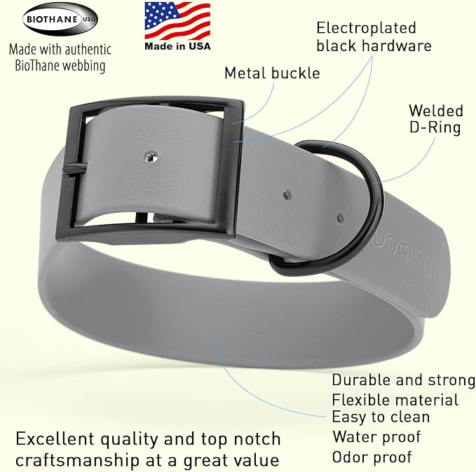 Dogline Biothane Waterproof Dog Collar Strong Coated Nylon Webbing with Black Hardware Odor- Proof for Easy Care Easy to Clean High Performance Fits Small Medium or Large Dogs, Battleship Gray-PurrikoPets