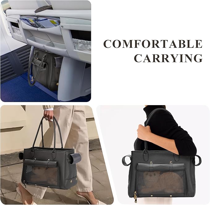 Fashion Pet Carrier Purse for Small Cat and Dog, Luxury Pu Soft-Sided Tote Bag with Large Pockets for Dogs and Puppies (Black, 15.8" L x 7.5" W x 11.8" H)-PurrikoPets