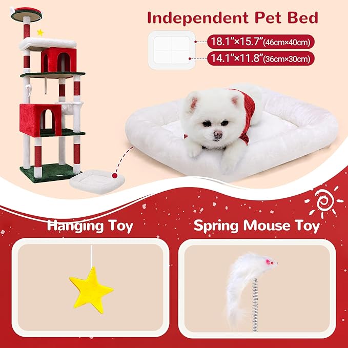 Globlazer Heavy Duty Cat Trees for Large Cats, Sturdy 72in Maine Coon Cat Tree for Large 20 lbs+ Heavy Duty Cat Tower for Adult Biggest Cats with 6 Scratching Posts, Hammock, S72, Red White Green-PurrikoPets