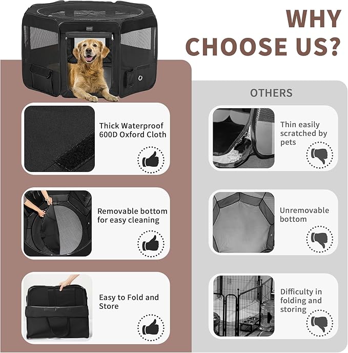 DONORO Dog Playpen Portable Pet Play Pens for Small Dog/Cat/Rabbit/Chicks, Cat Playpen Indoor/Outdoor with Carring Case, Removable Zipper Top and Bottom (Black, Small (29"x29"x15"), 8)-PurrikoPets