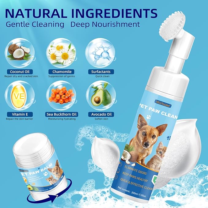 Dog Paw Care Kit,No-Rinse Paw Cleaner for Dogs & Cats,Dog Paw Balm for Heals -Repairs Dry Cracked Paws & Nose with 1 Pet Cleaning Towels,Natural Dog Paw Protector for Pet Foot Washer Care-PurrikoPets
