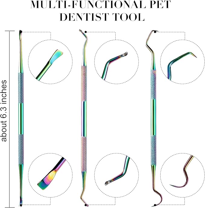 3 Pieces Dog Dental Tooth Scaler and Scraper Stainless Double Headed Tarter Removing Tool Scraper Pet Teeth Cleaning Tools for Dog and Cat (Rainbow Color)-PurrikoPets