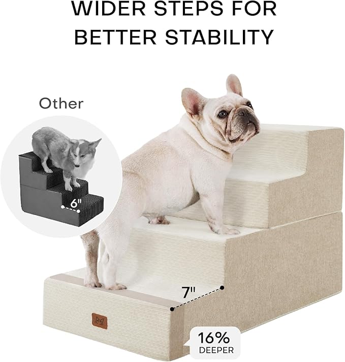 Dog Stairs for High Bed, Dog Steps for Bed Couch Sofa, 35D Foam Extra Wide Pet Steps for Small Dogs and Cats, Pet Stairs with Non-Slip Bottom Beige, 4 Steps-PurrikoPets