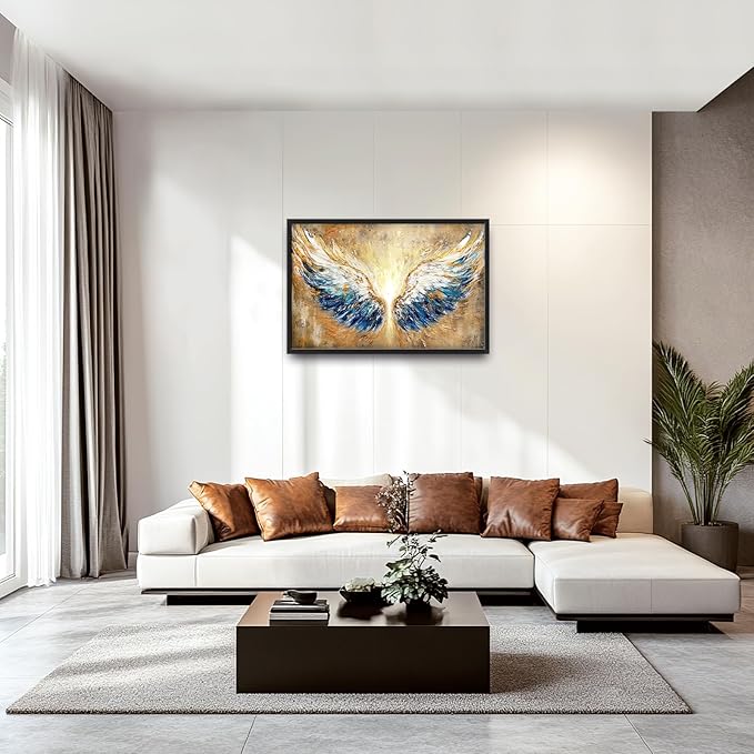 Extra Large Angel Wings Framed Wall Art for Living Room,Oversized Golden Wings Pictures Wall Decor,Holy Gold Blue Canvas Print Painting Modern Artwork Bedroom Office Bathroom 36L" x 24W"-PurrikoPets