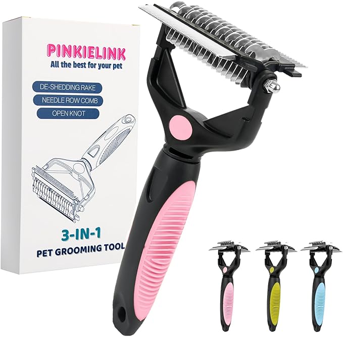3-IN-1 Pet Grooming Tool - Undercoat Rake, Dematting Comb & Deshedding Brush for Cats & Dogs - Removes Mats, Tangles & Loose Fur, Reduces Shedding & Prevents Hair Mess (Pink)-PurrikoPets