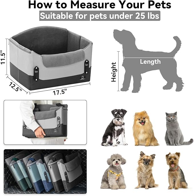 A4Pet Dog Car Seats for Small Dogs, Booster Car Seat with Patent Buckles & Clip-On Safety Leash, Pet Seat for Puppy Small Dogs Cats Under 25 Lbs, Grey-PurrikoPets