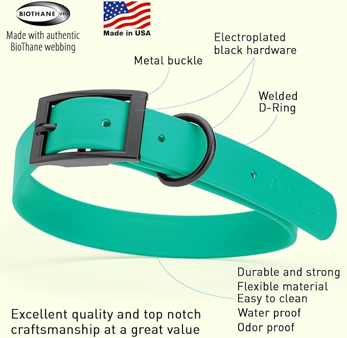 Dogline Biothane Waterproof Dog Collar Strong Coated Nylon Webbing with Black Hardware Odor- Proof for Easy Care Easy to Clean High Performance Fits Small Medium or Large Dogs, Teal-PurrikoPets