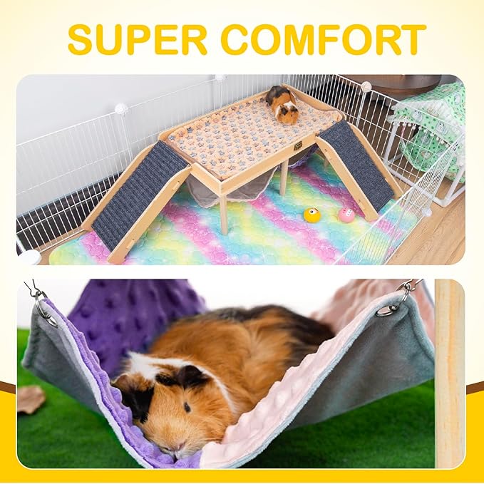 Enlarged Guinea Pig Hammock with Platform and Stairs,Wooden Foldable Piggies Hideout for Guinea Pigs Bunny Ferret Hamster Hiding Sleeping Activities 24L x 12W x 11H in（Double）-PurrikoPets