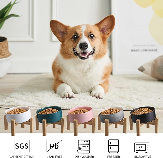 Elevated/Raised 15°Tilted Anti Slip Ceramic Dog Bowls,Slanted Bulldog Pet Food Water Feeding Dish Stand for Cats and Dogs (3.6 Cups/28 OZ) Grey White-PurrikoPets